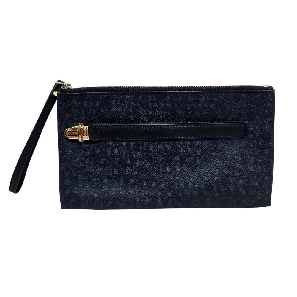 Michael Kors Wristlet Navy Blue MK Monogram Coated Canvas Gold Hardware #1420 - Picture 2 of 10